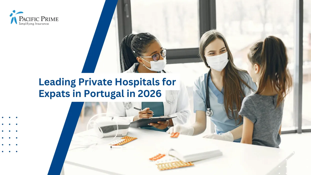 Image of Masked Doctors Examine A Young Girl During A Pediatric Checkup In Clinic with text overlay of "Leading Private Hospitals for Expats in Portugal in 2026"