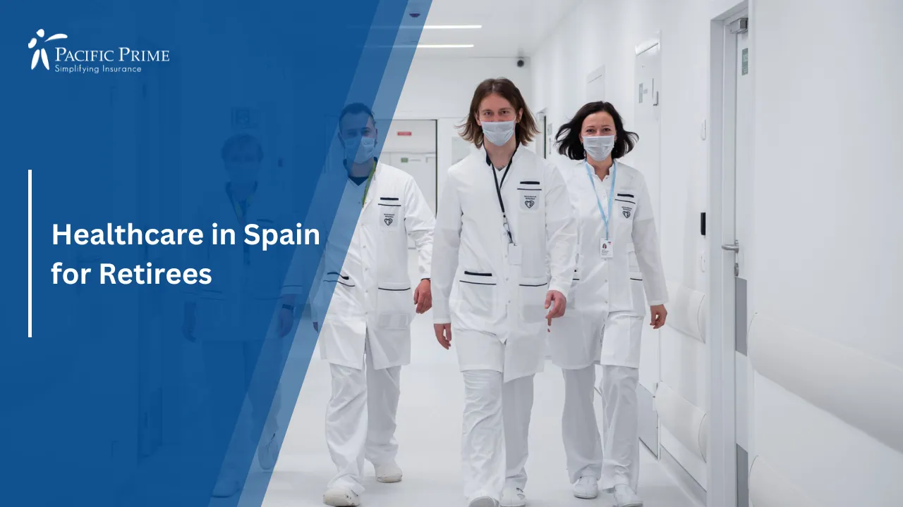 Image of Masked Healthcare Team Walking Together Through A Hospital Corridor with text overlay of "Healthcare in Spain for Retirees"