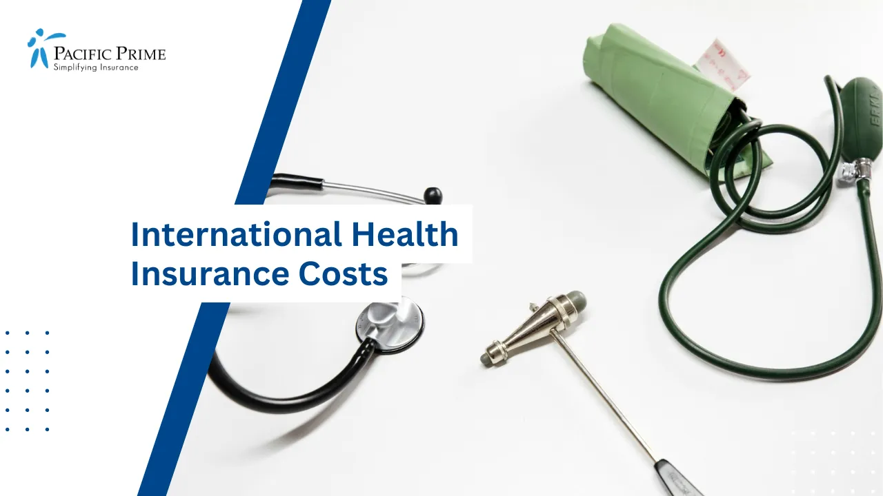 Image of Medical Check-up Kit With Stethoscope And Diagnostic Tools with text overlay of "International Health Insurance Costs"