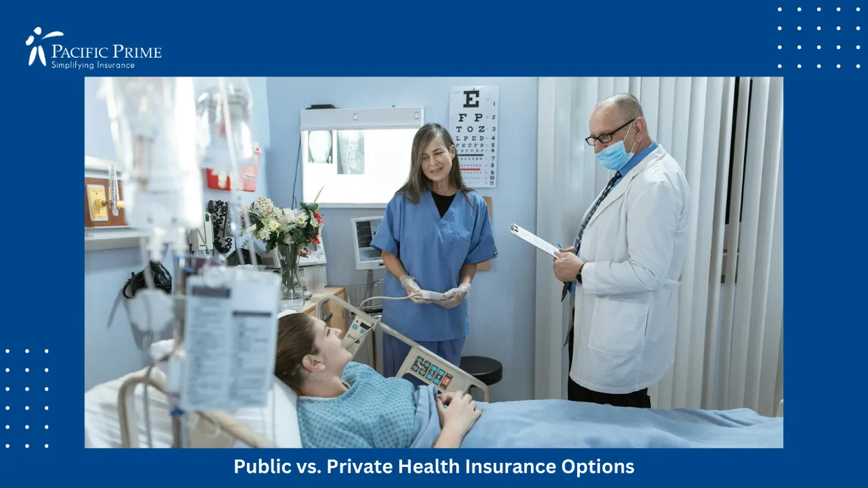 Image of Medical Staff Caring For A Female Patient During A Bedside Hospital Checkup with text overlay of "Public vs. Private Health Insurance Options"
