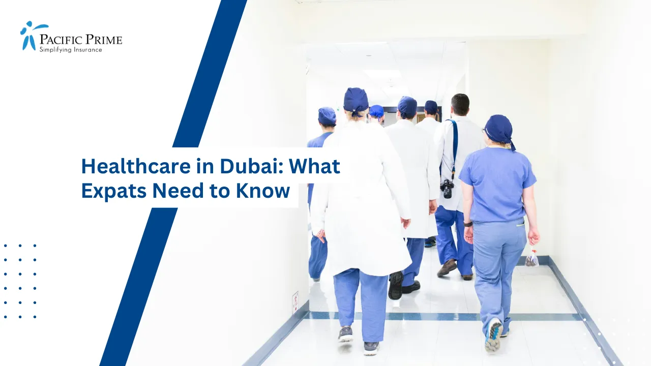 Image of Medical Team Walking Through Hospital Corridor with text overlay of "Healthcare in Dubai: What Expats Need to Know"