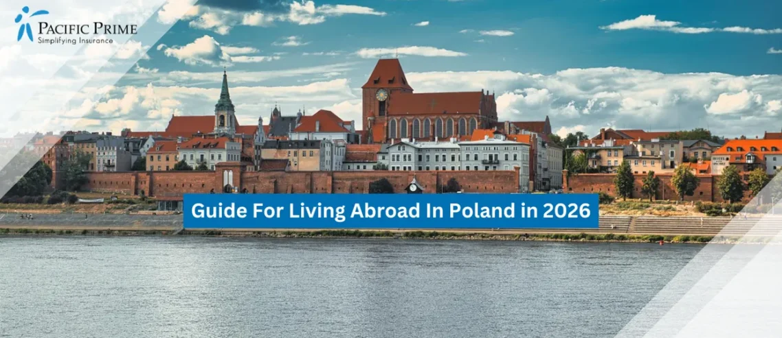 Image of Medieval Riverside Skyline With Gothic Buildings Along The Vistula In Toruń with text overlay of "Guide For Living Abroad In Poland in 2026"