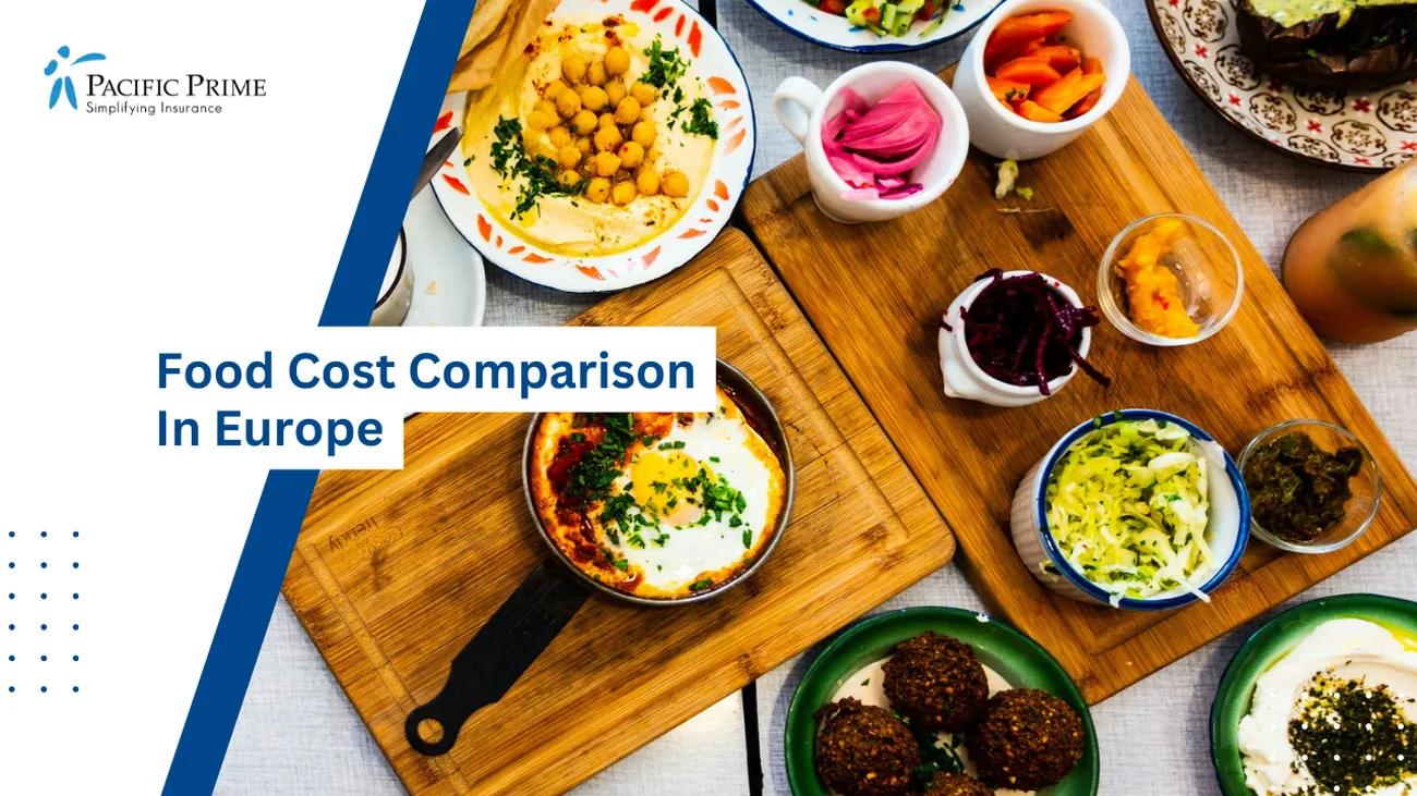 Image of Mediterranean Dishes Arranged On A Table For Lunch In Amsterdam with text overlay of "Food Cost Comparison In Europe"
