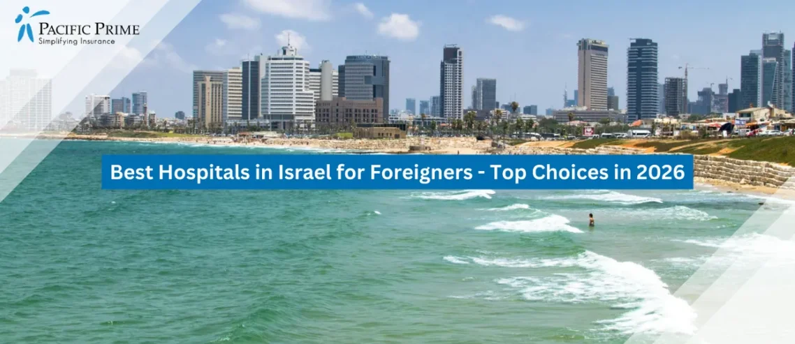 Image of Mediterranean Surf Rolling Onto Tel Aviv Beach With City Towers Rising Beyond The Sand with text overlay of "Best Hospitals in Israel for Foreigners - Top Choices in 2026"