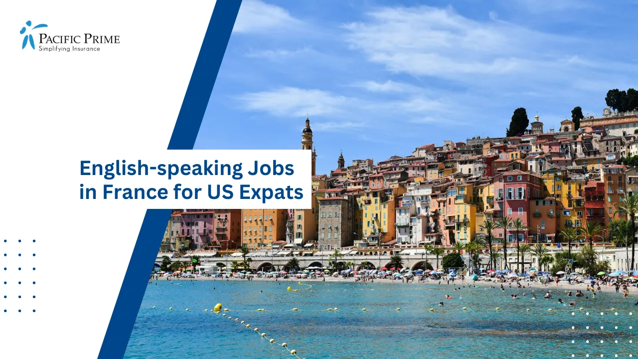 Image of Menton Beachfront With Colorful Buildings And Calm Mediterranean Waters In Southern France with text overlay of "English-speaking Jobs in France for US Expats"