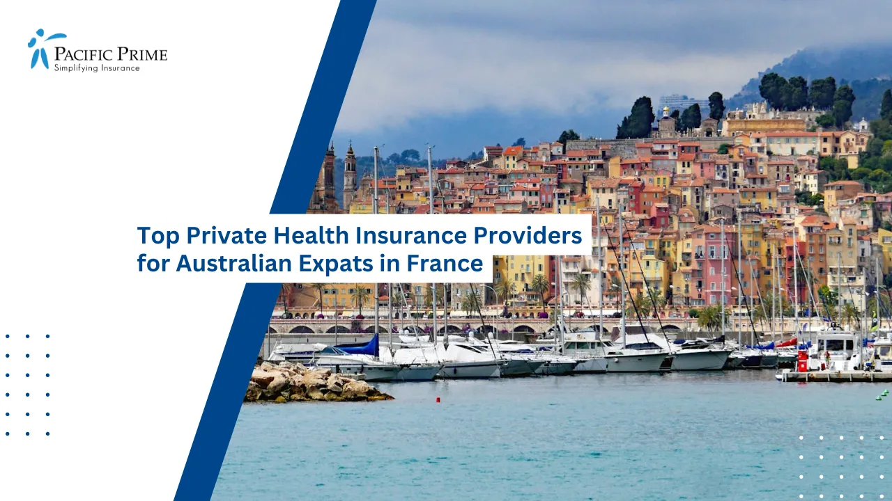 Image of Menton Seaside View With Houses, Sailboats, And A Lighthouse with text overlay of "Top Private Health Insurance Providers for Australian Expats in France"