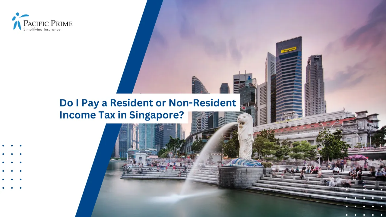 Image of Merlion Fountain Overlooking Singapore’s Illuminated Skyline At Dusk with text overlay of "Do I Pay a Resident or Non-Resident Income Tax in Singapore?"