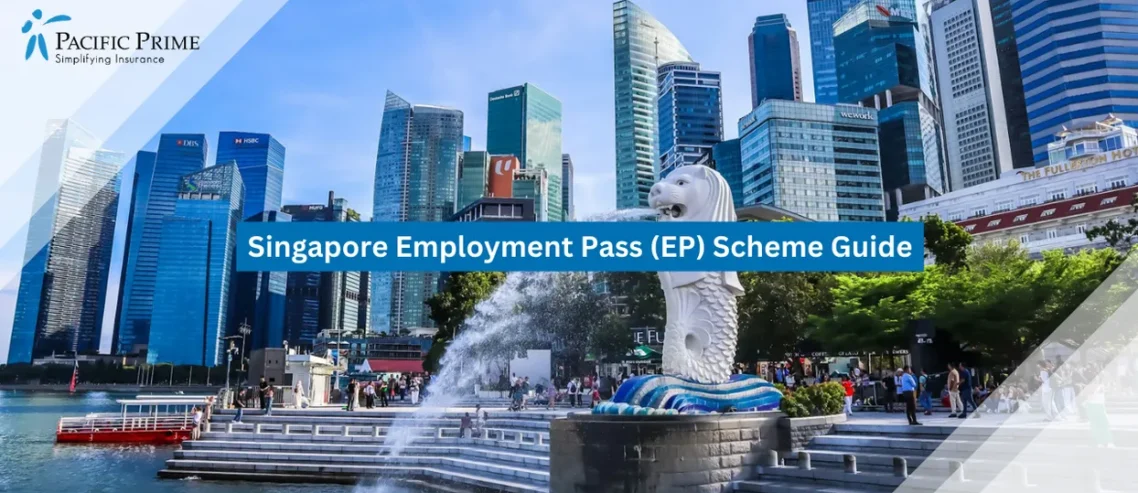 Image of Merlion Fountain Overlooking Singapore’s Marina Bay Skyline Beneath A Clear Sky with text overlay of "Singapore Employment Pass (EP) Scheme Guide"