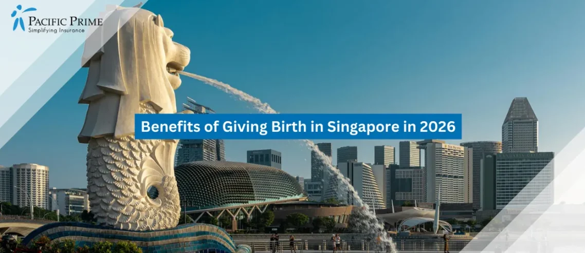Image of Merlion Park Fountain Facing Marina Bay Skyline Under Bright Daylight with text overlay of "Benefits of Giving Birth in Singapore in 2026"