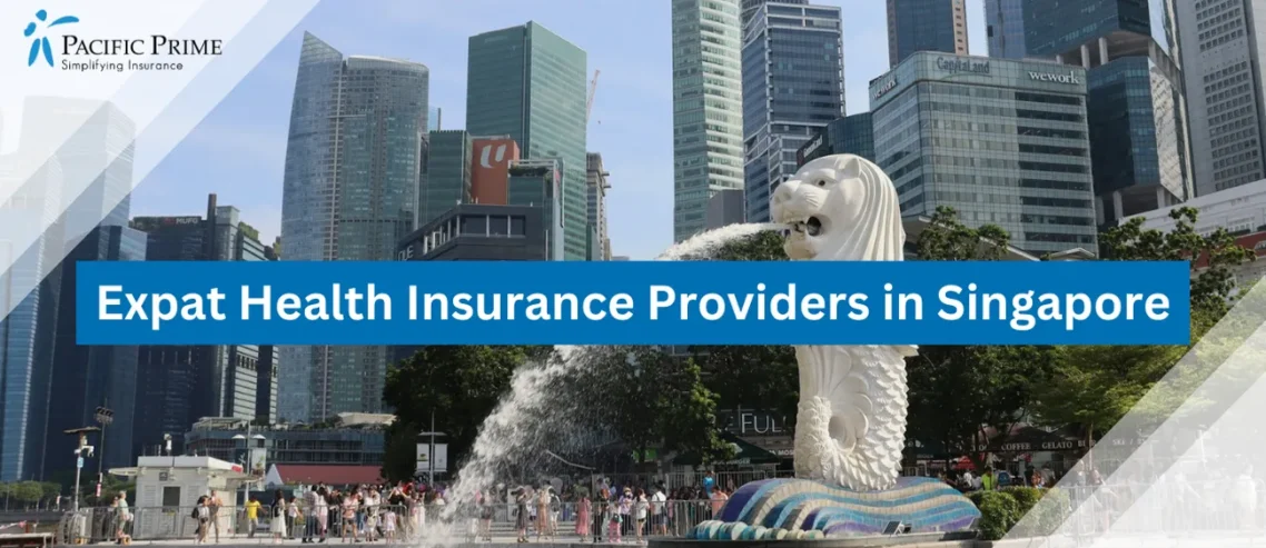Image of Merlion Statue In Singapore Spouting Water Into The Air with text overlay of "Expat Health Insurance Providers in Singapore"