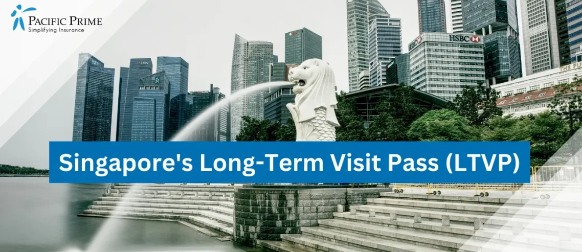 Image of Merlion Statue In Singapore With City Skyline Background with text overlay of "Singapore's Long-Term Visit Pass (LTVP)"