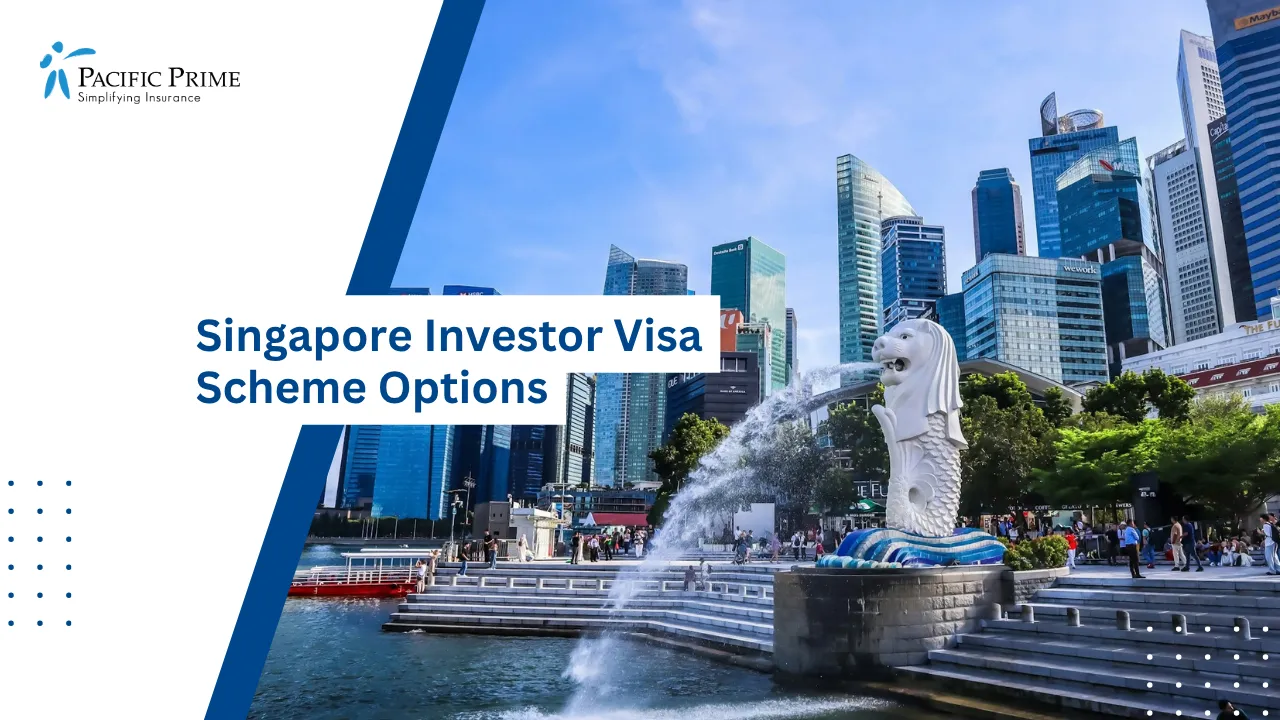 Image of Merlion Statue Overlooking Singapore’s Cityscape Beneath A Clear Blue Sky with text overlay of "Singapore Investor Visa Scheme Options"