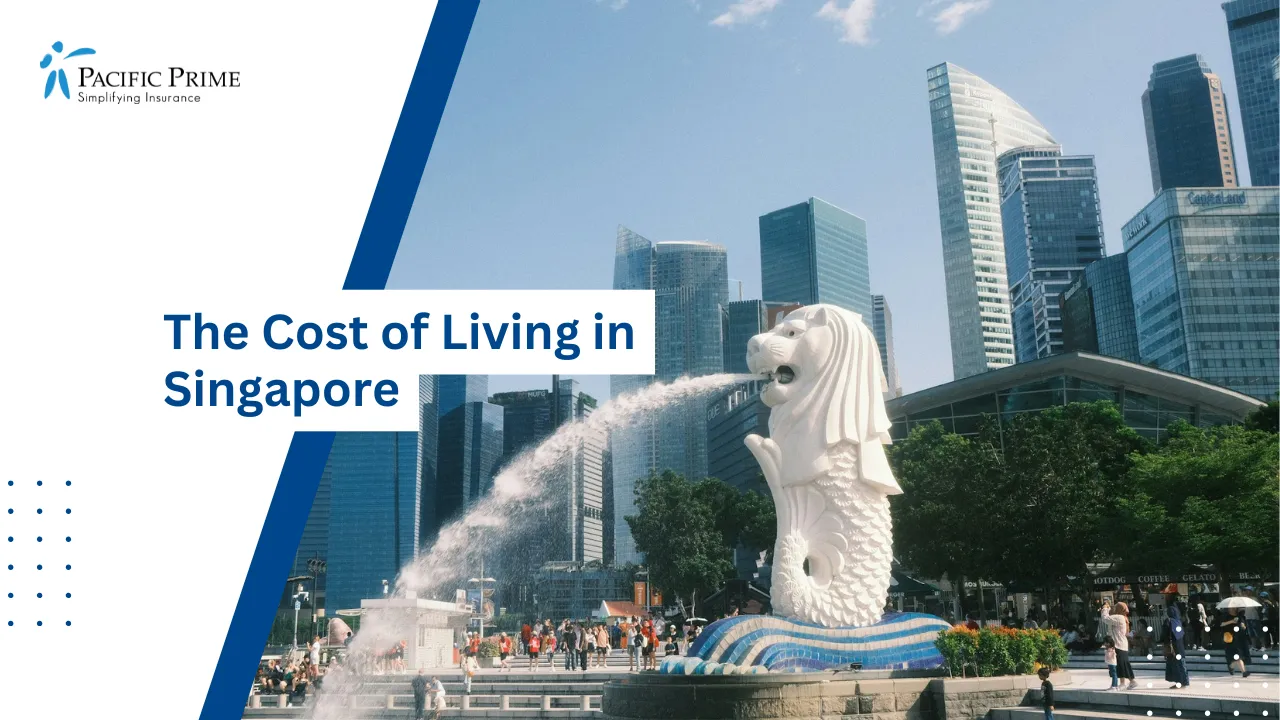 Image of Merlion Statue Spouting Water With Singapore Skyline In Background with text overlay of "The Cost of Living in Singapore"
