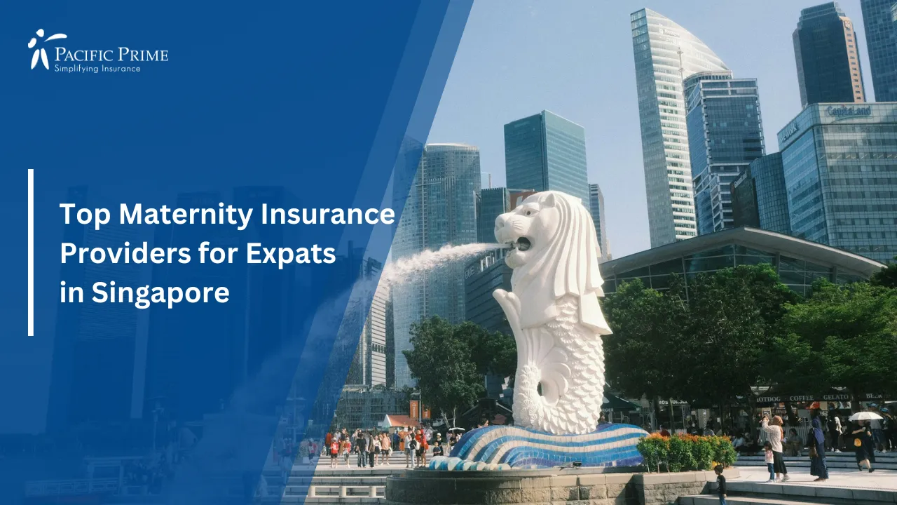 Image of Merlion Statue With City Skyline In The Background with text overlay of "Top Maternity Insurance Providers for Expats in Singapore"