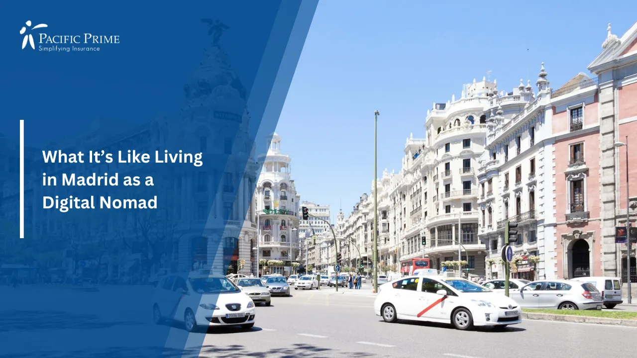 Image of Metropolis Building In Madrid City Center with text overlay of "What It’s Like Living in Madrid as a Digital Nomad"