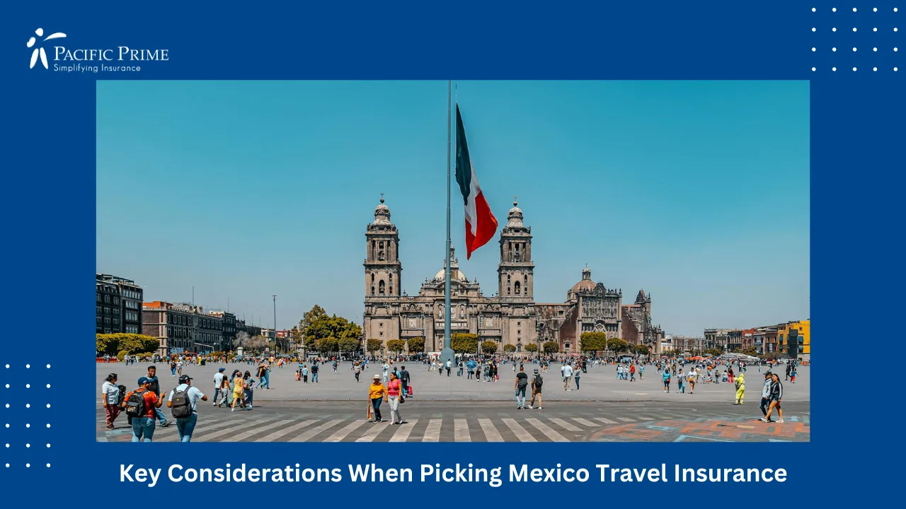 Image of Metropolitan Cathedral And Busy Zócalo Square In Mexico City with text overlay of "Key Considerations When Picking Mexico Travel Insurance"