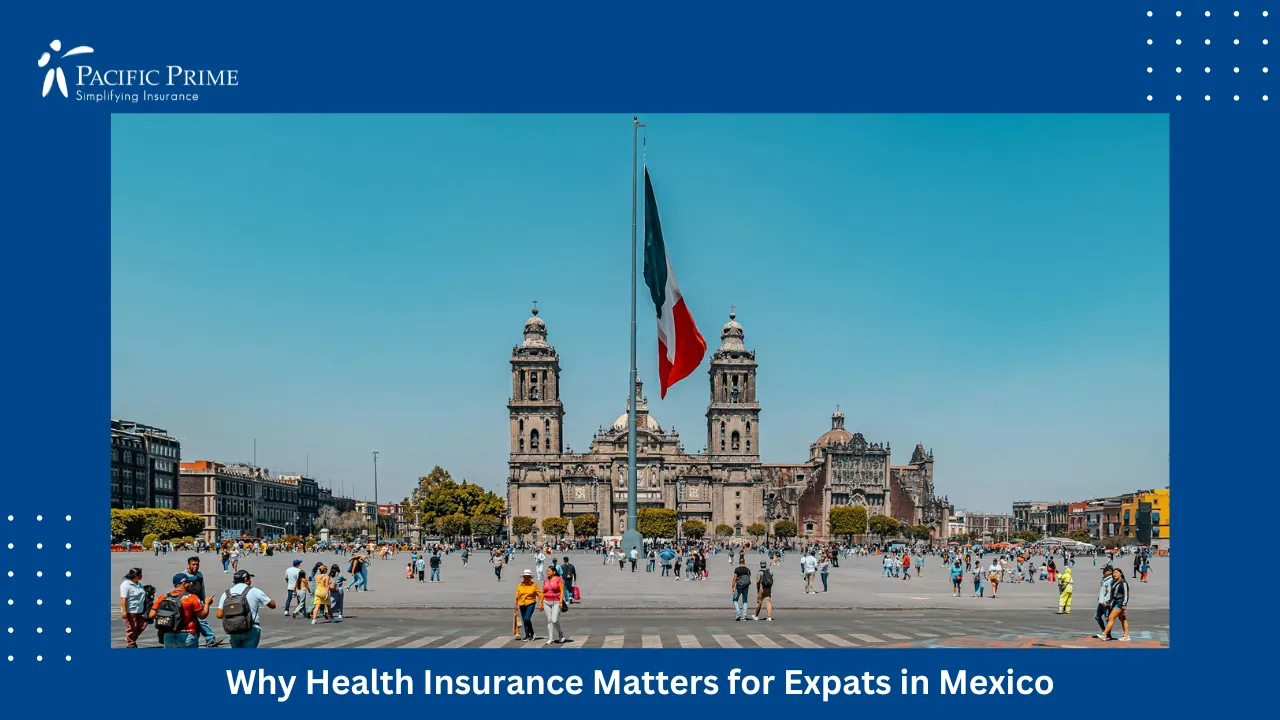 Image of Mexican Flag Flying At Plaza De La Constitución In Mexico City with text overlay of "Why Health Insurance Matters for Expats in Mexico"