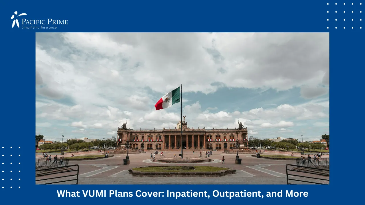 Image of Mexican Flag Waving Near Building In Monterrey During Daytime with text overlay of "What VUMI Plans Cover: Inpatient, Outpatient, and More"