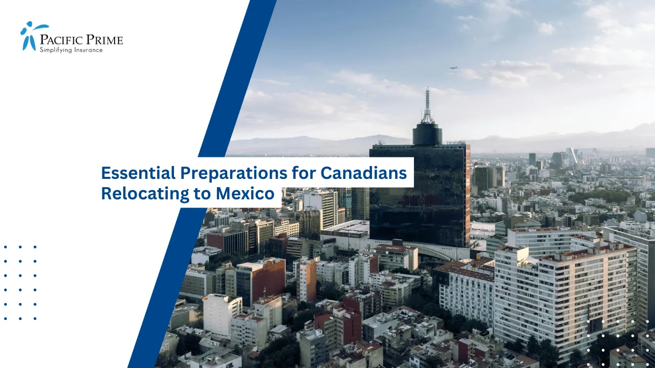 Image of Mexico City Skyline Panorama With World Trade Center Tower Visible with text overlay of "Essential Preparations for Canadians Relocating to Mexico"