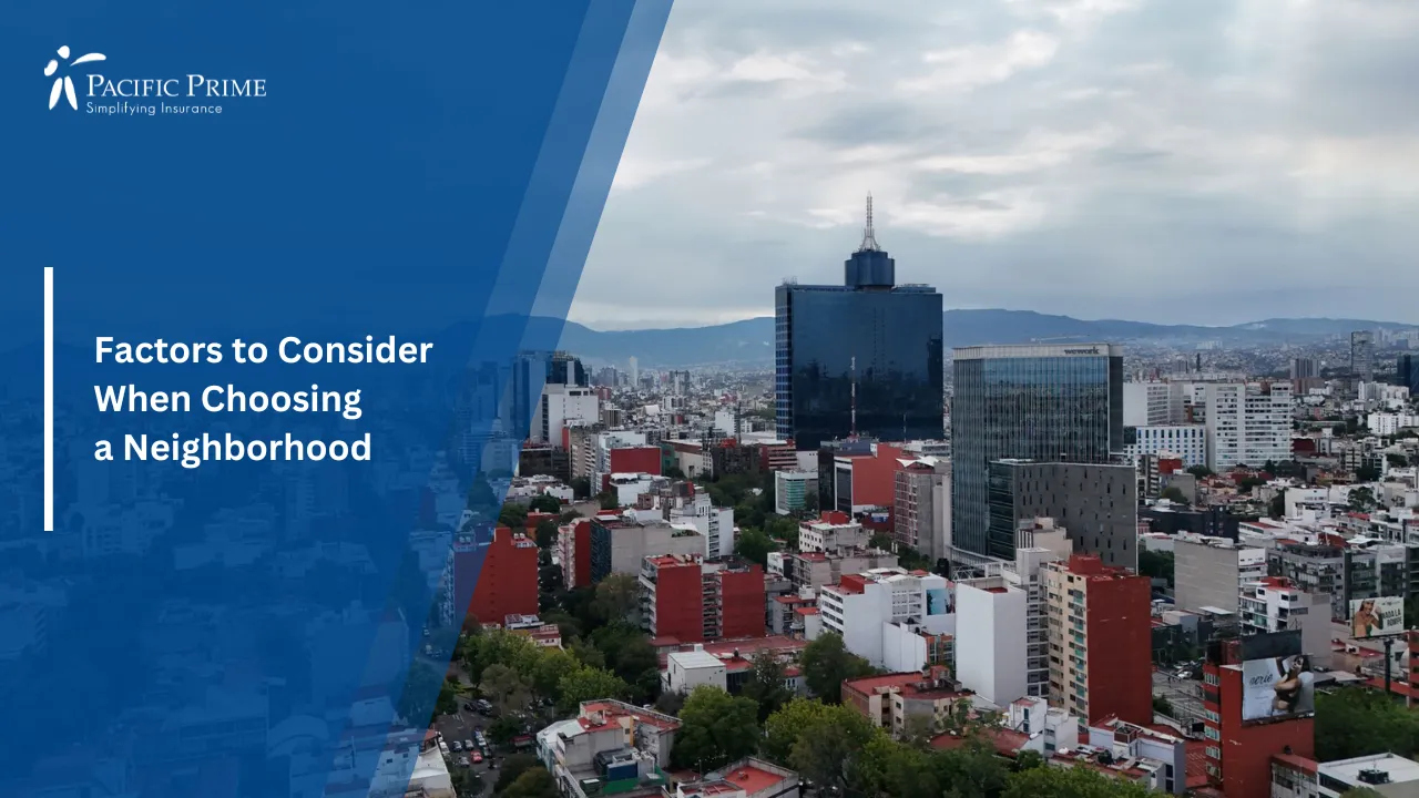 Image of Mexico City Skyscrapers Rising Across A Vast Metropolis Beneath Distant Mountains with text overlay of "Factors to Consider When Choosing a Neighborhood"