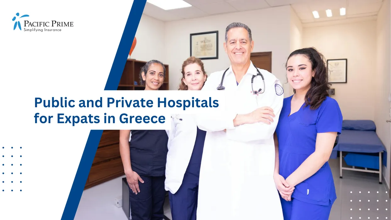 Image of Mixed-specialty Clinicians Gathered Inside A Patient Care Department with text overlay of "Public and Private Hospitals for Expats in Greece"