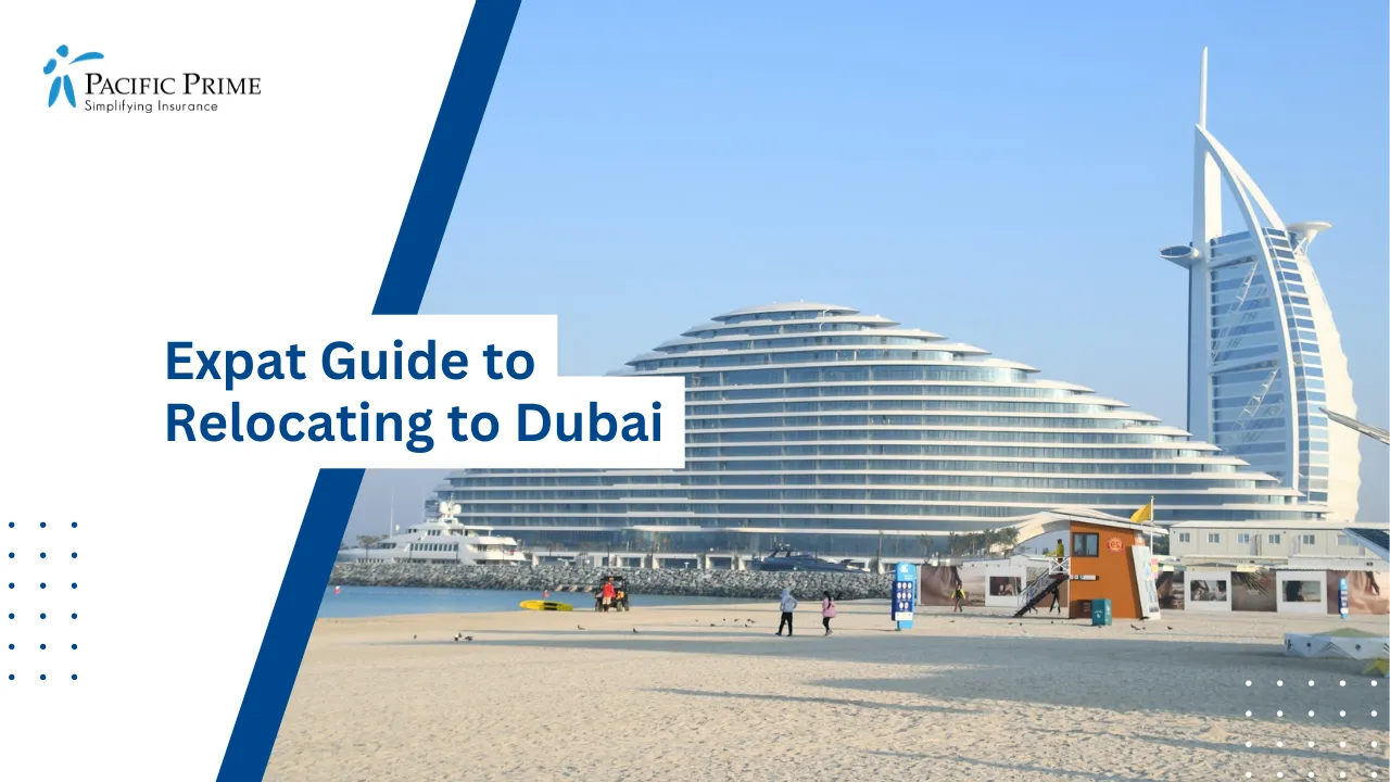 Image of Modern Building On Sandy Beachfront In Dubai with text overlay of "Expat Guide to Relocating to Dubai"