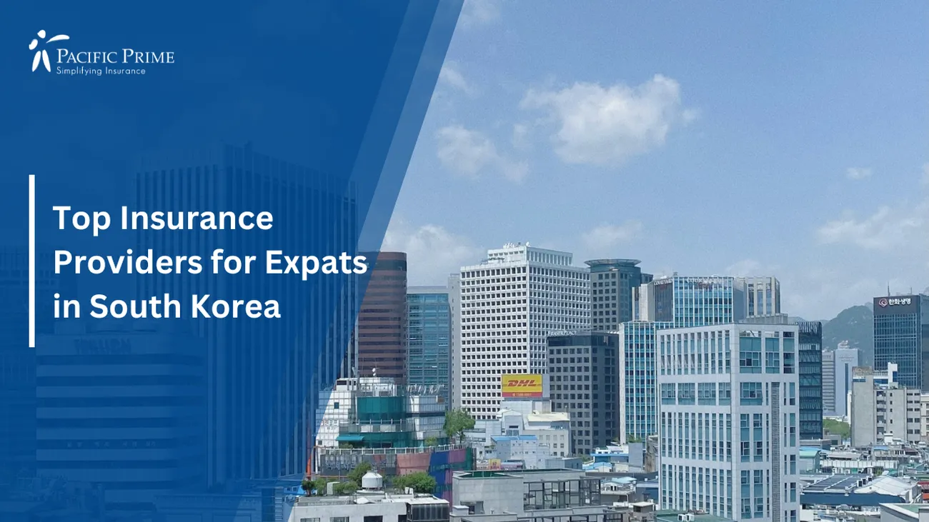 Image of Modern Buildings Under Clear Blue Sky In Seoul, South Korea with text overlay of "Top Insurance Providers for Expats in South Korea"