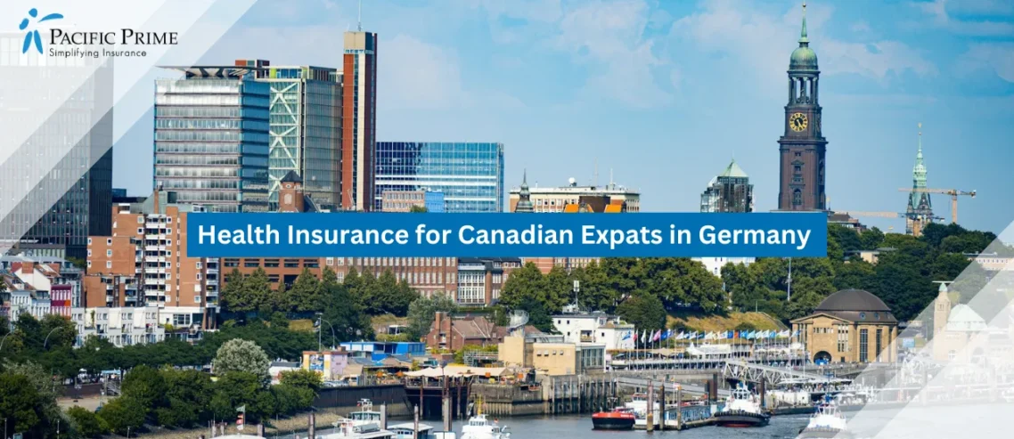 Image of Modern City Skyline Along The River In Hamburg, Germany with text overlay of "Health Insurance for Canadian Expats in Germany"