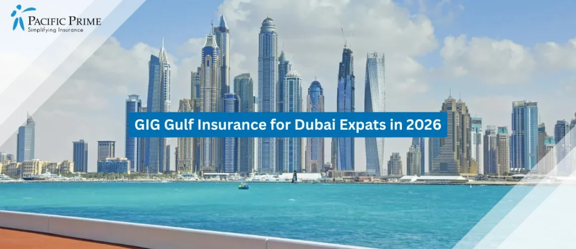 Image of Modern Coastal Skyline With High-rise Towers Overlooking Waterfront In Dubai with text overlay of "GIG Gulf Insurance for Dubai Expats in 2026"