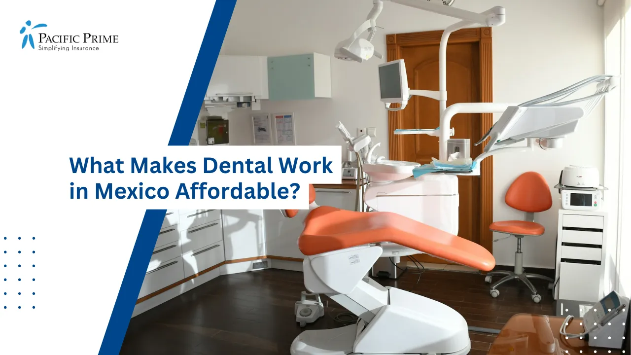 Image of Modern Dental Clinic Chair With Red And White Upholstery with text overlay of "What Makes Dental Work in Mexico Affordable?"