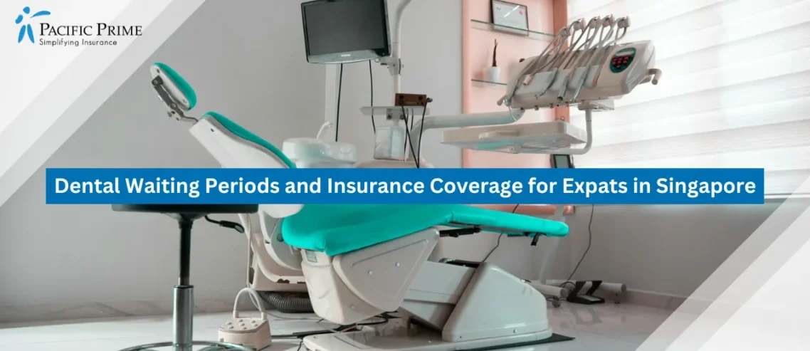 Image of Modern Dental Clinic Room With Chair And Monitor with text overlay of "Dental Waiting Periods and Insurance Coverage for Expats in Singapore"