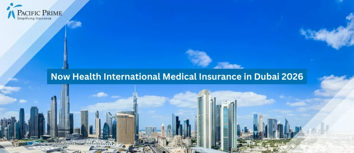 Image of Modern Dubai Skyline With Burj Khalifa Rising Above City Towers At Sunset with text overlay of "Now Health International Medical Insurance in Dubai 2026"