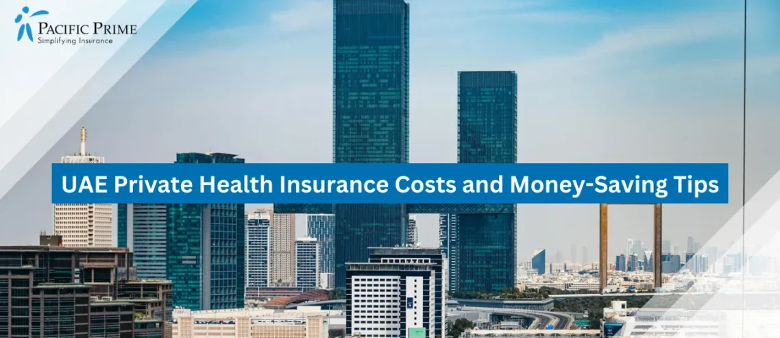 Image of Modern Dubai Skyline With The Dubai Frame In View with text overlay of "UAE Private Health Insurance Costs and Money-Saving Tips"