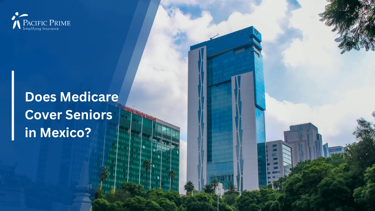 Image of Modern Glass Building Near Ángel De La Independencia In Mexico City with text overlay of "Does Medicare Cover Seniors in Mexico?"