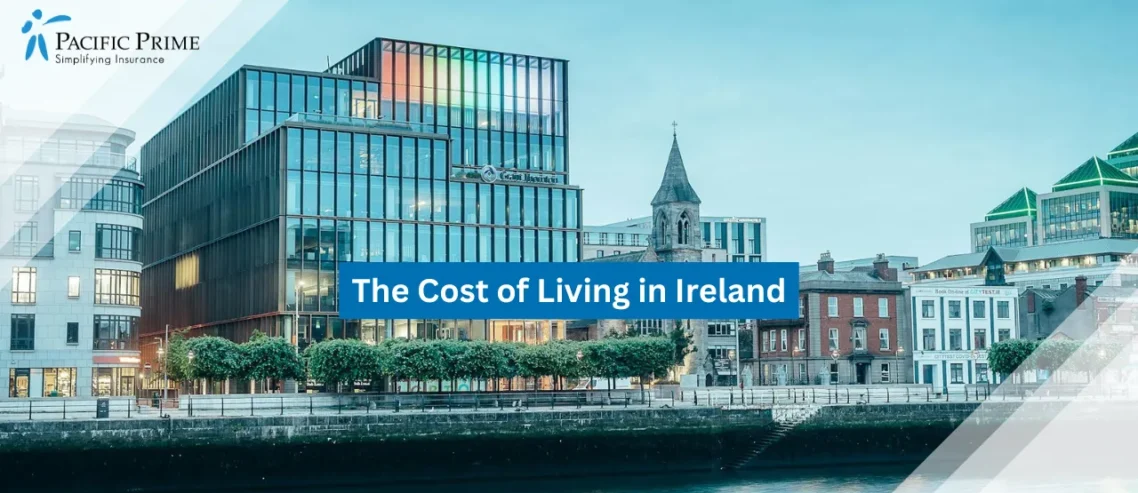 Image of Modern Glass Buildings Along The Riverfront In Dublin, Ireland with text overlay of "The Cost of Living in Ireland"