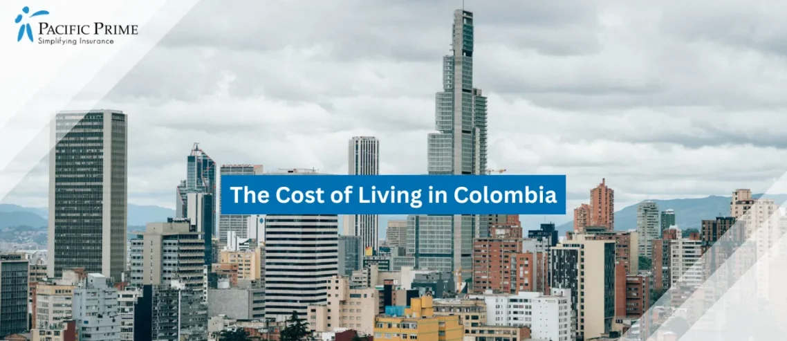 Image of Modern High-rise Buildings In Bogota Under Clear Daylight with text overlay of "The Cost of Living in Colombia"