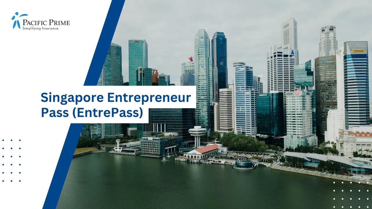 Image of Modern High-rise Buildings In Singapore City with text overlay of "Singapore Entrepreneur Pass (EntrePass)"