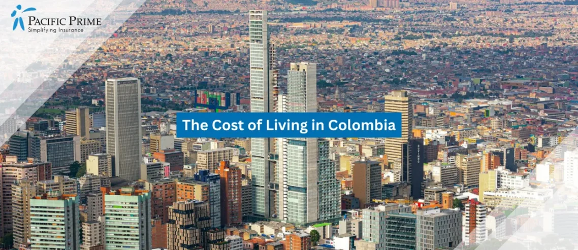 Image of Modern High-rise Skyline Of Bogotá Set Against Surrounding Andean Cityscape with text overlay of "The Cost of Living in Colombia"