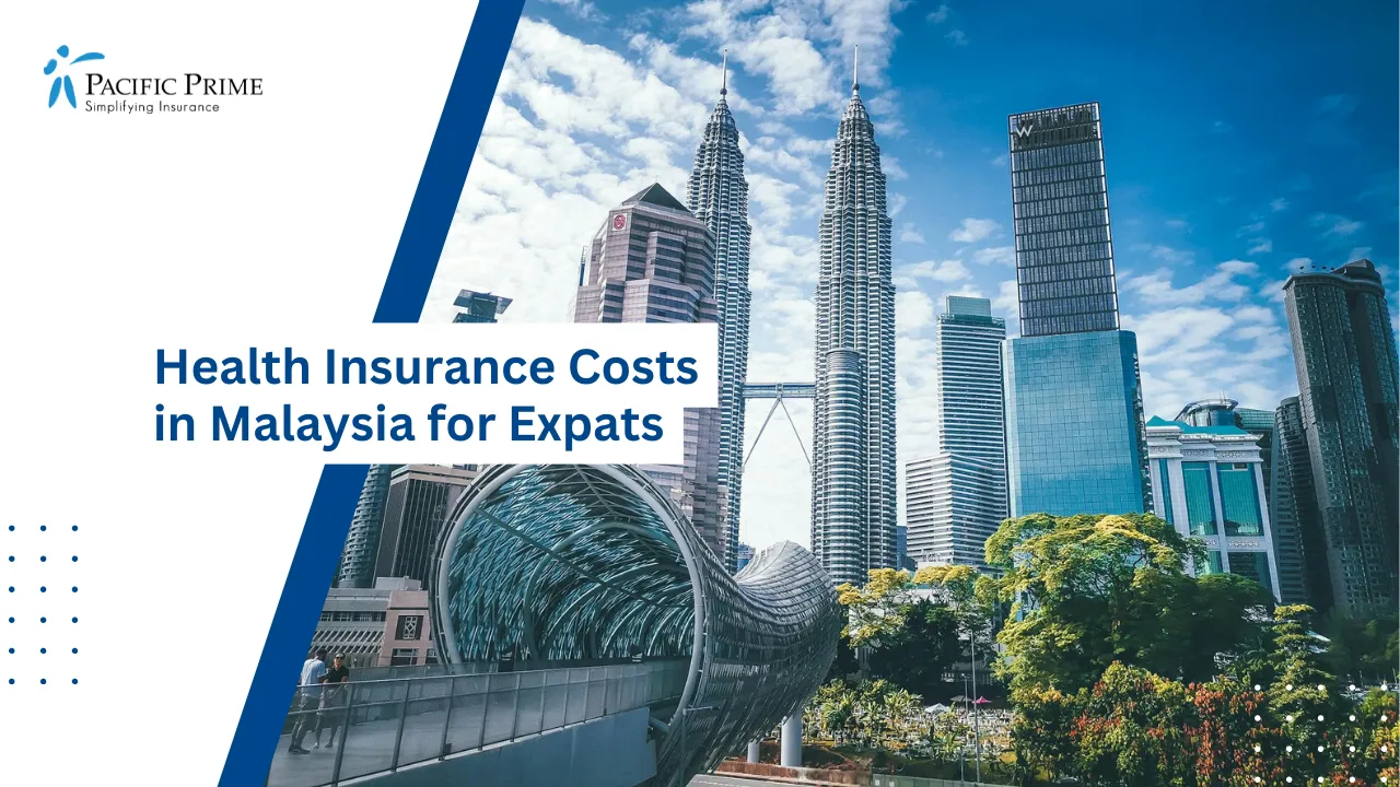Image of Modern Kuala Lumpur Cityscape With Glass Skyscrapers And Pedestrian Overpass with text overlay of "Health Insurance Costs in Malaysia for Expats"