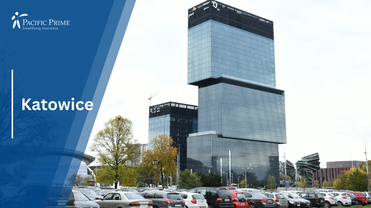 Image of Modern Office Building In Katowice, Silesian Voivodeship, Poland with text overlay of "Katowice"