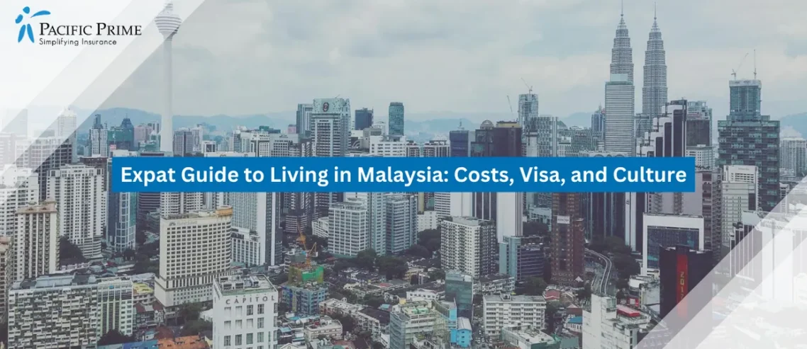 Image of Modern Skyline Of Kuala Lumpur With Towering Skyscrapers In Malaysia’s Capital City with text overlay of "Expat Guide to Living in Malaysia: Costs, Visa, and Culture"