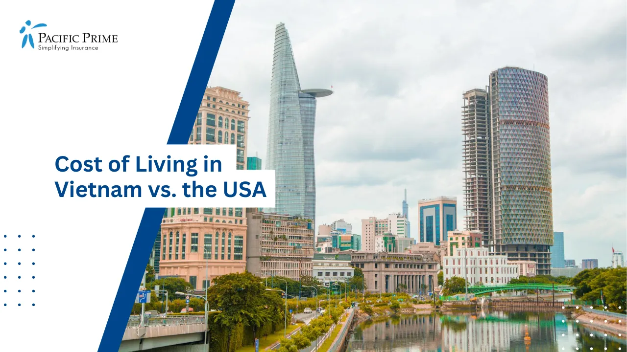 Image of Modern Skyline With Skyscrapers In Ho Chi Minh City, Vietnam with text overlay of "Cost of Living in Vietnam vs. the USA"