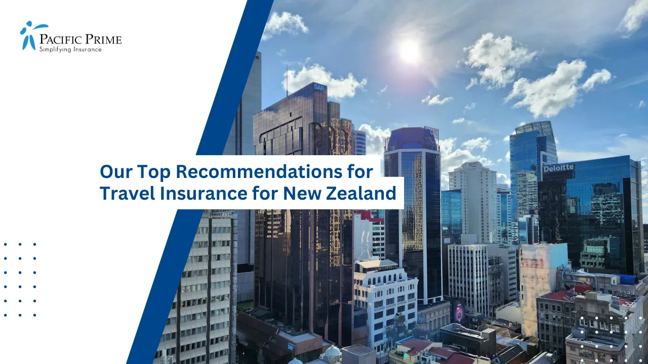 Image of Modern Skyscrapers In Downtown Auckland, New Zealand with text overlay of "Our Top Recommendations for Travel Insurance for New Zealand"