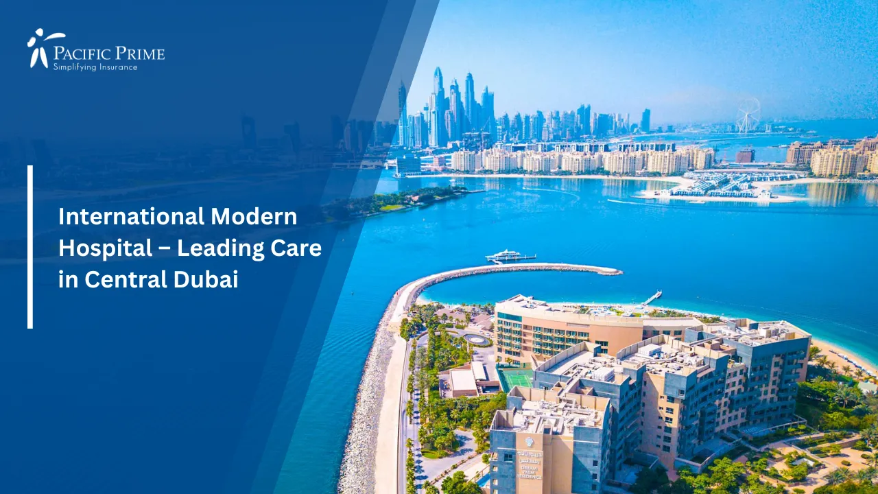 Image of Modern Skyscrapers In Downtown Dubai with text overlay of "International Modern Hospital – Leading Care in Central Dubai"