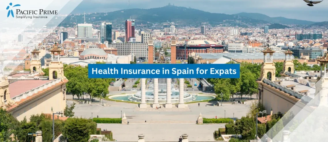 Image of Modern White Building Framed By Lush Greenery In Barcelona with text overlay of "Health Insurance in Spain for Expats"