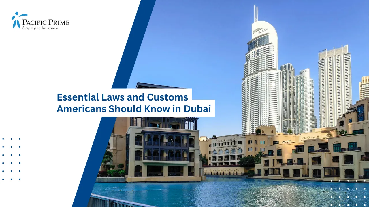 Image of Modern White Building Overlooking The Waterfront In Dubai with text overlay of "Essential Laws and Customs Americans Should Know in Dubai"