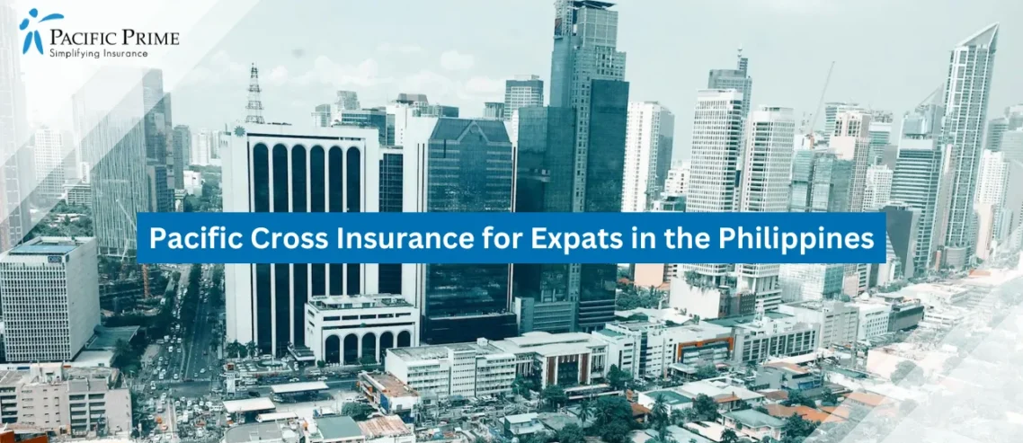 Image of Modern White Buildings In Makati's Central Business District with text overlay of "Pacific Cross Insurance for Expats in the Philippines"