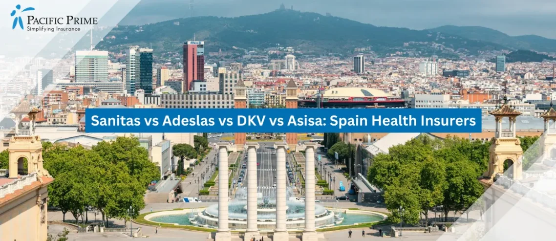 Image of Modern White Concrete Structures With Geometric Design In Barcelona Cityscape with text overlay of "Sanitas vs Adeslas vs DKV vs Asisa: Spain Health Insurers"