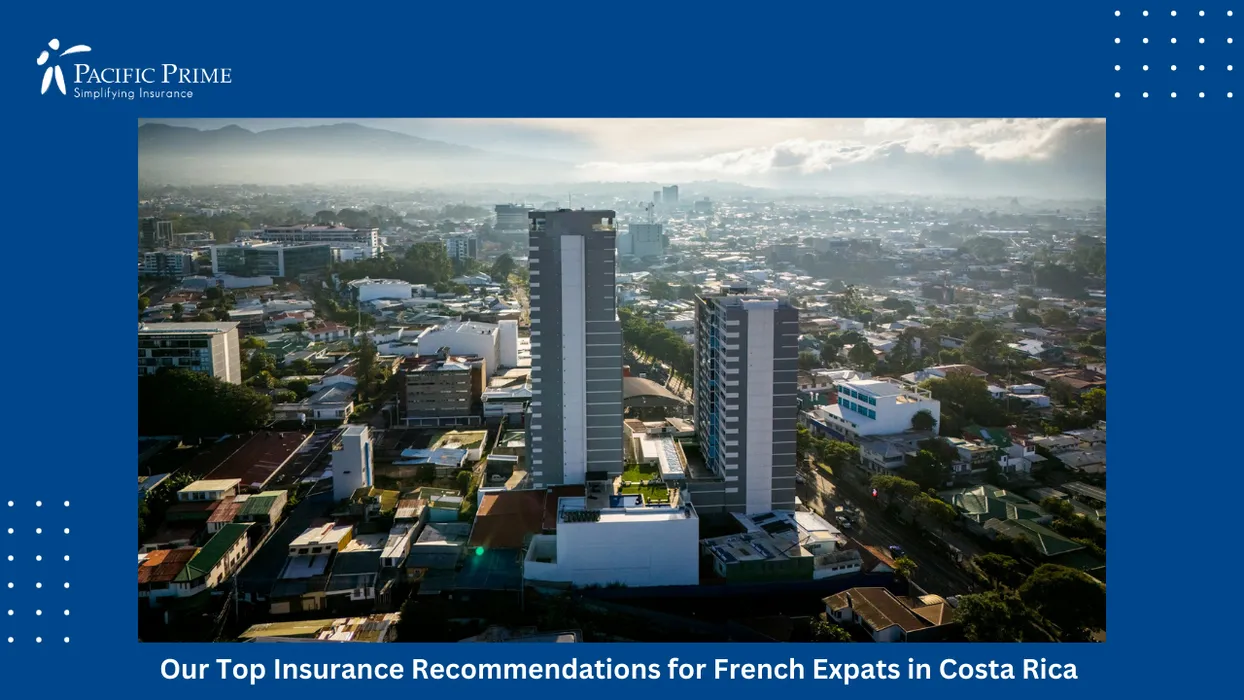 Image of Morning Aerial Sweep Over San Jos&eacute;&rsquo;s Urban Core And Surrounding Hills with text overlay of "Our Top Insurance Recommendations for French Expats in Costa Rica"
