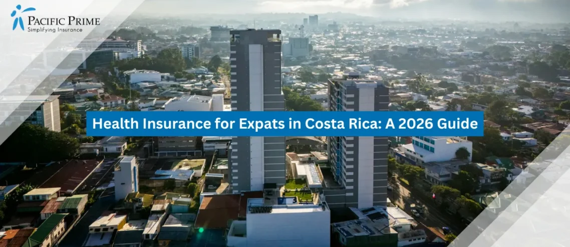 Image of Morning Aerial View Of San José Cityscape, Costa Rica with text overlay of "Health Insurance for Expats in Costa Rica: A 2026 Guide"